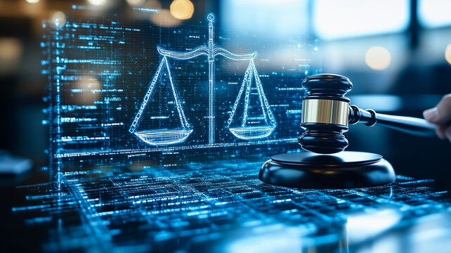 Justice in the Digital Age: A gavel strikes a table, its sound echoing in the digital world, where a gleaming scale of justice stands as a symbol of fairness and order.