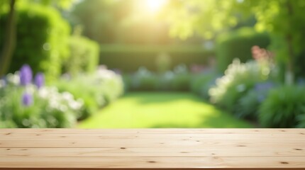 Wooden Table in a Beautiful Garden with Sunlight, Greenery, and Floral Blossoms for Nature Decor.