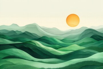abstract geometric green landscape background with rolling hills mountain peaks and organic shapes in modern minimalist style for wall art and design