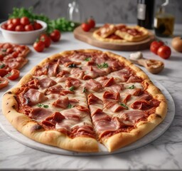 Guanciale strips on a marble countertop with freshly baked amatriciana pizza , countertop, italy, ingredient