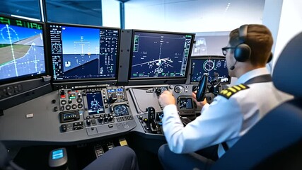 Cockpit simulator focused training session, illustrating pilot education, aviation safety, flight simulation, technical skill development and professional pilot training.