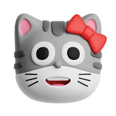 Adorable cat emoji with red ribbon isolated on transparent background. 3d illustration of cartoon gray cat head.