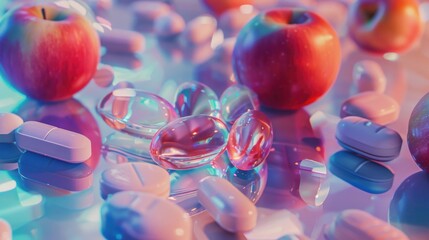 Health awareness campaign featuring fruits and supplements on a reflective surface