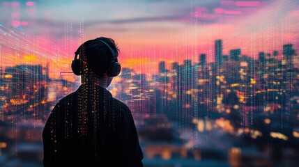 Silhouette Person Listening: Cityscape Sunset with Digital Overlay