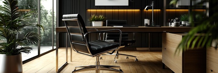 Modern office space with a sleek desk and chair, featuring plants and warm lighting.