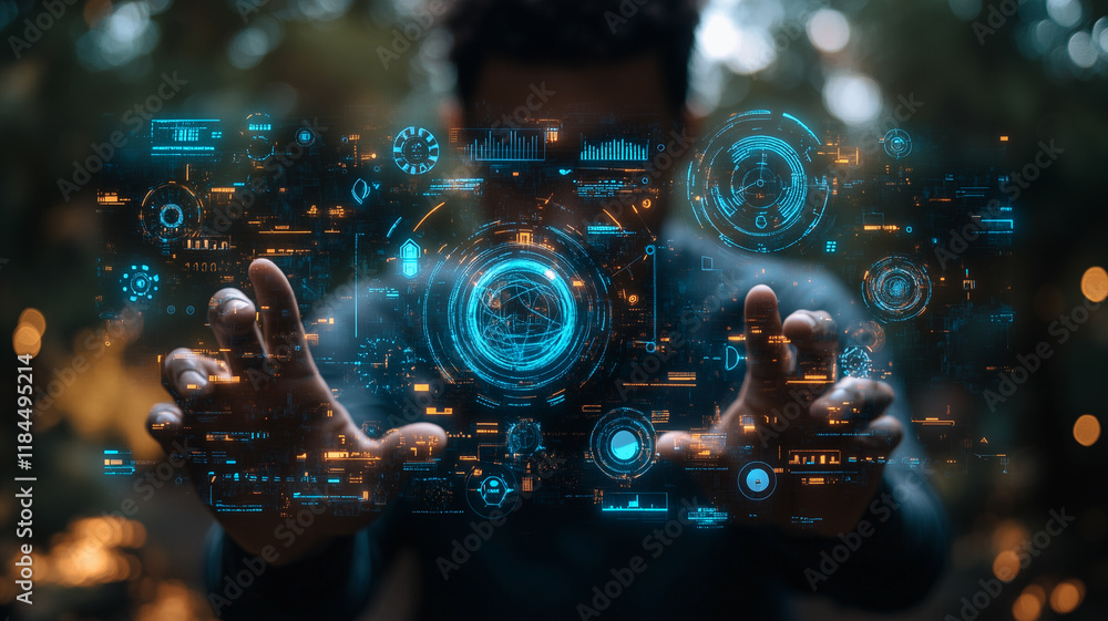 Poster man interacting with holographic interface: a man interacts with a complex holographic interface, sh