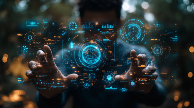 Man Interacting with Holographic Interface: A man interacts with a complex holographic interface, showcasing the power of technology and human connection.