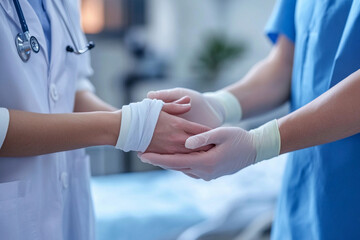 Healthcare professional wraps bandage around a patient's hand in a clinical setting, showcasing compassionate care and attention to detail