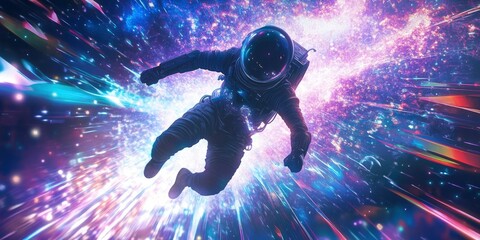 art of a astronaut floating on space with colorful shiny light trails in speed
