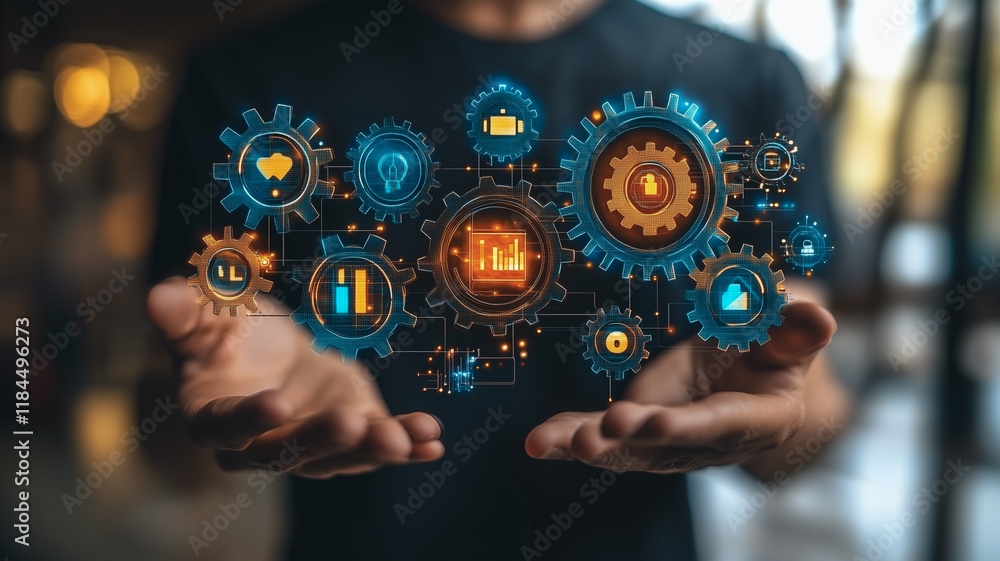Poster the power of interconnectedness: a man's open hands cradle a network of interlocking gears, each one