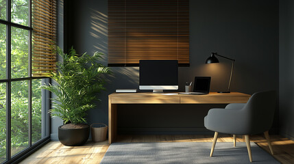 Modern home office with wooden desk and green plant near large window. 

