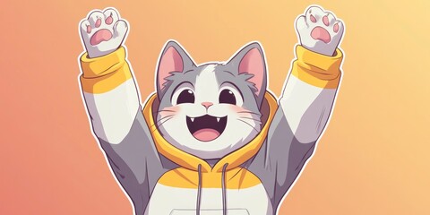 cute cat in a yellow and white hoodie, with a big smile and hands raised on yellow background