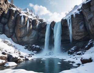 Snowy mountain landscape with a frozen waterfall cascading down the side, serene, scenery