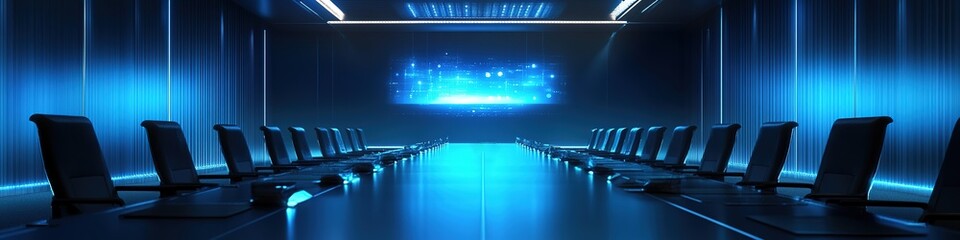 Futuristic AI Industry Conference: Empty High-Tech Auditorium. Abstract Marketing Background Showcasing Advanced Technology and Innovation. Cutting-Edge Design for Posters, Banners, and Digital Media 