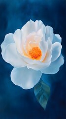 A single white rose with an amber center, set against a deep blue background.