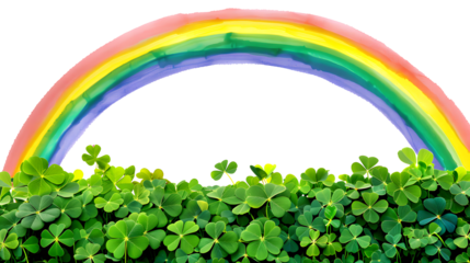 A whimsical rainbow arching over a scattering of clovers, isolated on white background, cut out 