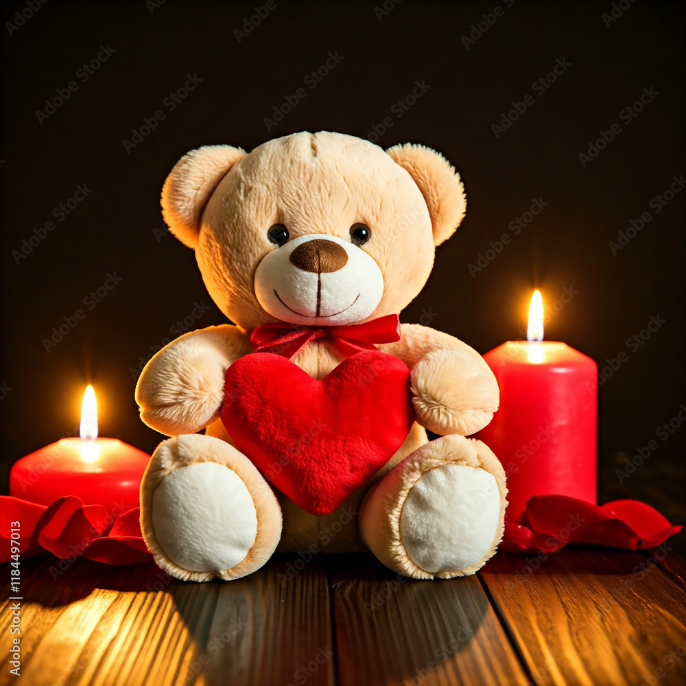 Wall mural teddy bear with heart shaped gift with romantic setup for teddy day or valentine day celebration. Teddy bear holding red heart with candles and petals, design for valentine's day gift.