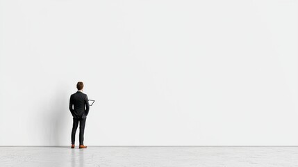 Fototapeta premium Businessman Standing in Front of Blank Wall Holding a Tablet