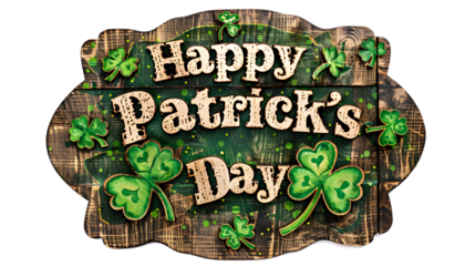 A rustic wooden sign with "Happy St. Patrick's Day" and green shamrock accents, isolated on white background, cut out