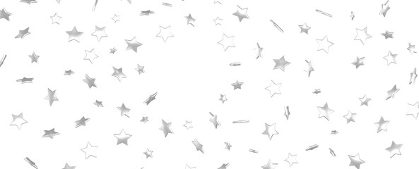 Abstract pattern of random falling silver stars on white background.