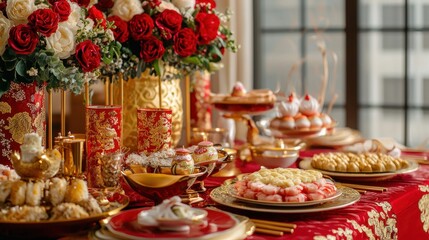Elegant Lunar New Year table setup with traditional foods, red and gold decorations, and flowers.
