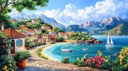 Obraz premium Vibrant summer weather enhances the charm of a coastal town in the artwork.