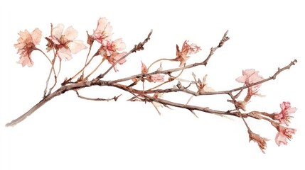 Watercolor painting of a delicate pink cherry blossom branch with soft petals and brown branches isolated on a white background.