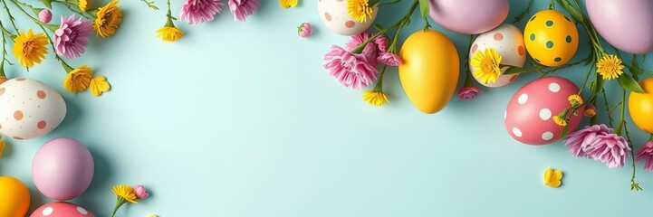 Colorful easter eggs arranged neatly on a vibrant background, shot from a top-down perspective, top view, celebration, vibrant