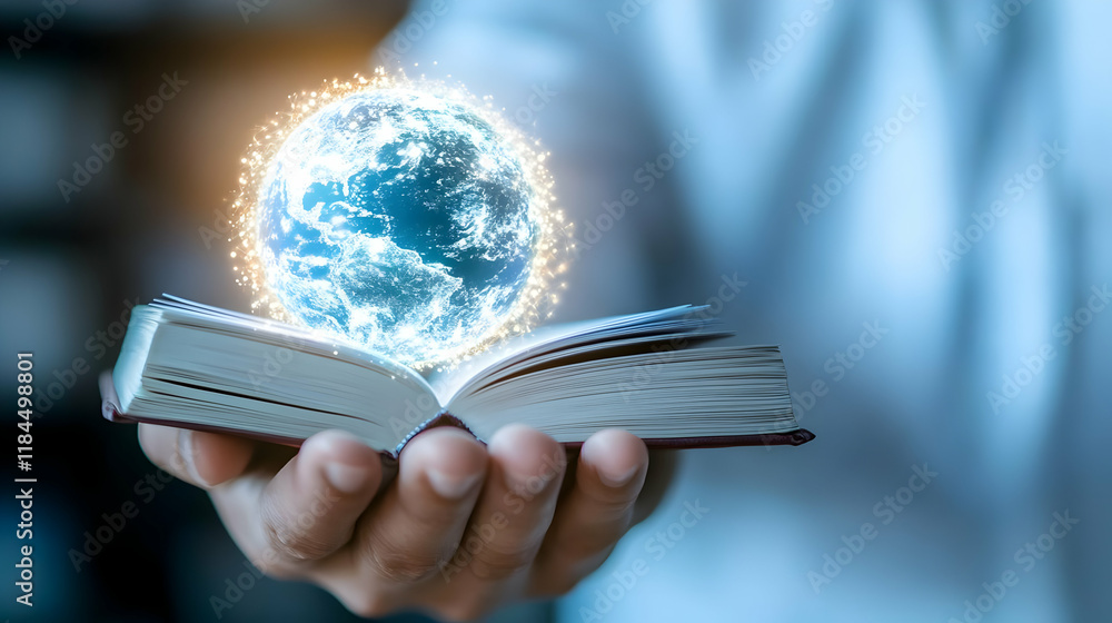 Aufkleber man holds book with glowing earth; global knowledge, education concept; bookshelf background; websit