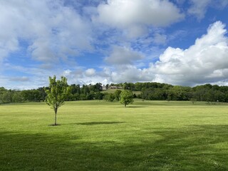 Far off manor across the park on sunny day