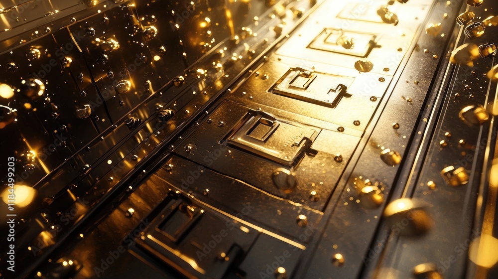 Poster golden metallic surface with recessed compartments and shimmering particles.