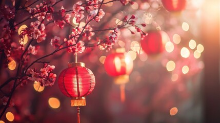 Obraz premium Festive scene of Chinese New Year with a decorative line pattern and dot accents around lanterns and blossoms.