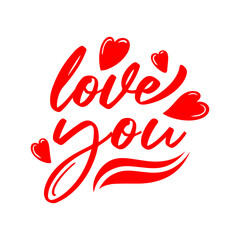 Love You, Hand Drawn Vector Text, Isolated Doodle Illustration on White Background, happy valentine's day