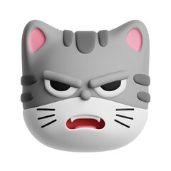Adorable angry mad cat emoji isolated on transparent background. 3d illustration of cartoon gray cat head.
