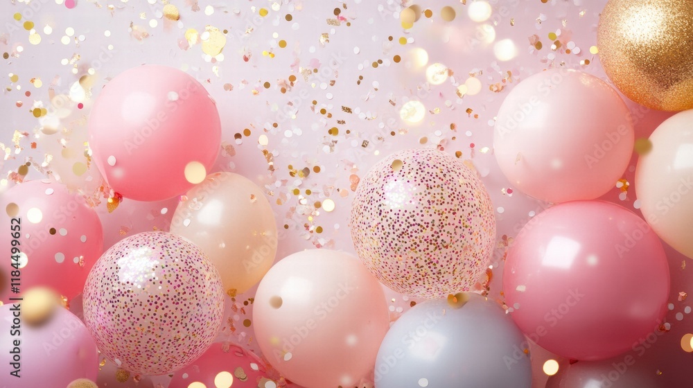 Poster colorful balloons and confetti create a festive atmosphere for celebrations during a joyful party ev
