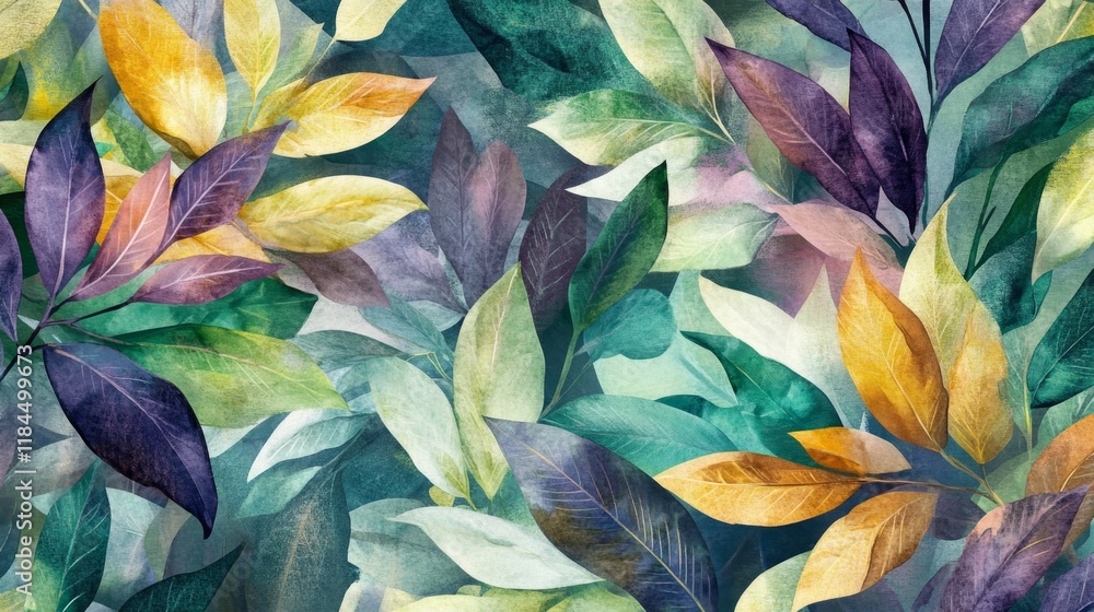 Poster vibrant leaf patterns nature setting digital artwork colorful environment abstract viewpoint botanic