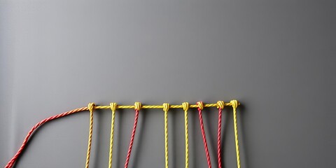 Colorful ropes intertwined to form a directional arrow symbolizing teamwork and collaboration, creativity, innovation, direction