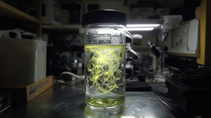 A glass jar containing swirling green and yellow substances, likely for scientific observation.