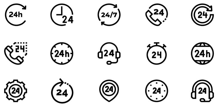 24 7 service icon set. 24-7 open, concept with call icon. Support 24 hours a day and 7 days a week. Support service. Vector Illustration. EPS 10