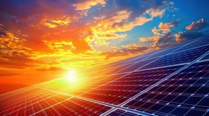Photovoltaic solar panels set against a stunning sunset sky.