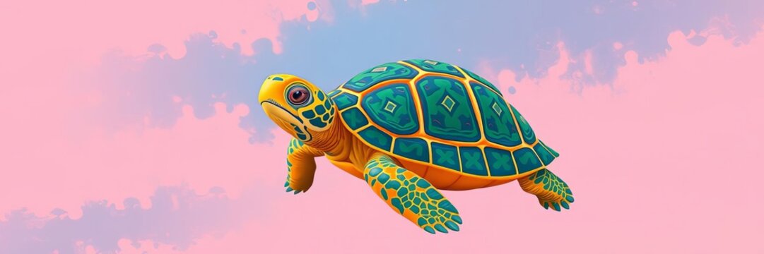 Colorful turtle with vibrant green, blue, and orange patterns crawling gracefully on a soft pink background, orange, vibrant, green