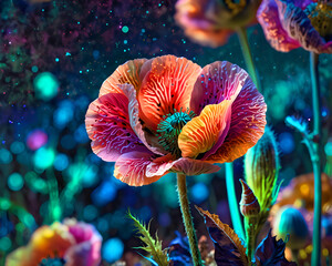 Obraz premium Papaver Somniferum Flowers: An expansive field filled with colorful opium poppy flowers in full bloom, surrounded by lush greenery.