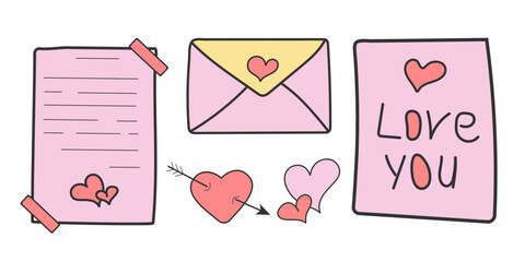 Doodle Y2K Valentine's Day Sweet Sticker Set. Trendy Retro Love Icons. Love post office. Romantic objects Isolated. Cute Collection Elements Vector Illustration, Envelope, Love Letter, Heart, Arrow.