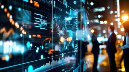 Complex Digital Dashboard Illustrating Data Analytics and Market Monitoring in a Modern Urban Night Scene