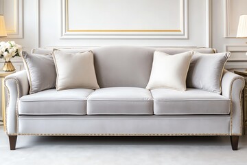 Obraz premium Elegant gray sofa with pillows in luxury room