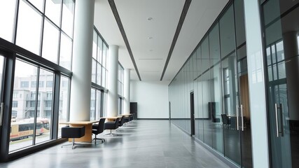 Contemporary office corridor with glass meeting room window, corridor, business, meeting room