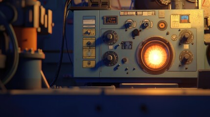 A close-up of a control panel with dials and lights, suggesting a scientific or industrial purpose.