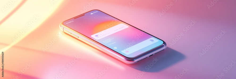 Fototapete Modern smartphone sits on a surface while displaying a vibrant messenger chat in warm evening light. Generative AI