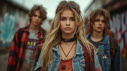 Young group of friends showcasing urban fashion in a gritty location during daytime