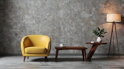 
Yellow classic armchair with coffee table on the background of gray wall